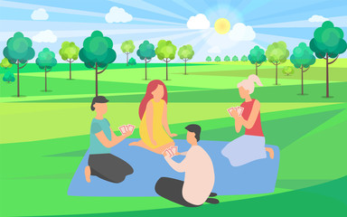 Friends playing game vector, spending time together in park with green trees, young people on summer outdoor recreation, happy weekend with friend, adults with cards on picnic. Flat cartoon