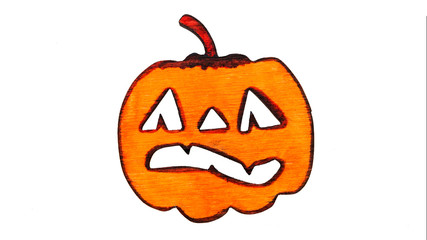 halloween crafts. Homemade jack lantern is a symbol of Halloween. Craft of wood. Sign  isolated on white