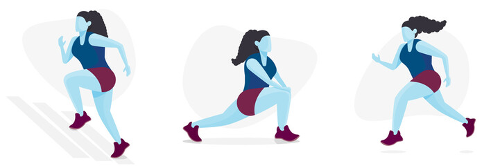 Female Athlete Icon Set, Running, Jogging and Stretching