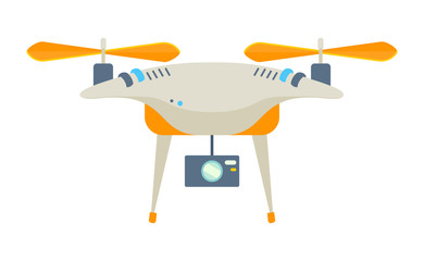 Quadcopter with video-camera, modern flying equipment with propeller. Wireless device or autopilot with camera, field control, security of harvest vector. Flat cartoon