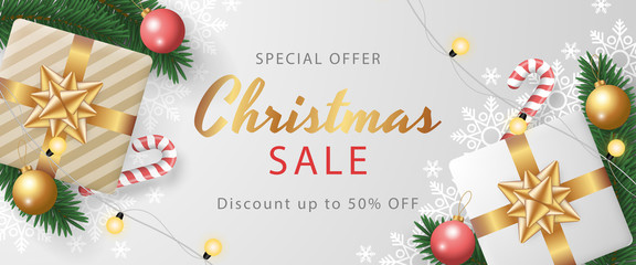 Christmas sale banner template with realistic christmas elements. Vector illustration 