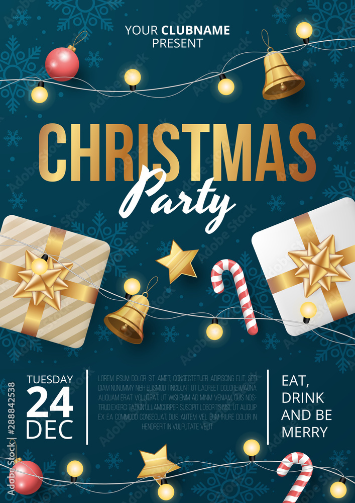 Wall mural christmas party poster template with realistic christmas elements. vector illustration