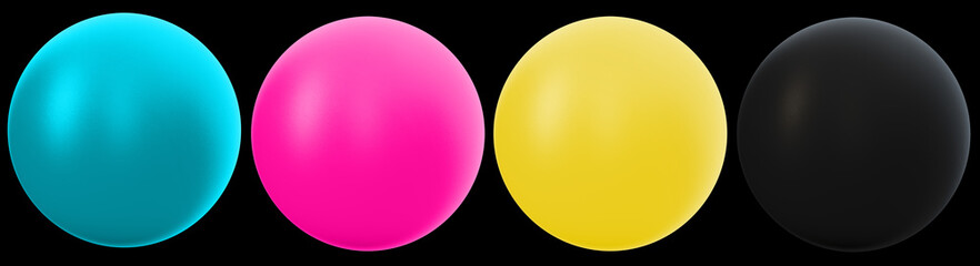 3d CMYK metallic spheres in studio environment,   on black background 3d illustration