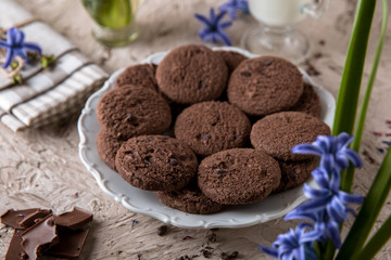 Chocolate biscuit. Crispy and crumbly delicious cookies with natural ingredients: flour, nuts, seeds, pieces of chocolate, cocoa, fruit jams.