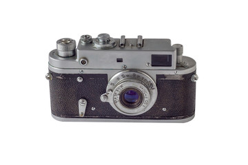 old vintage tattered camera isolated on white background