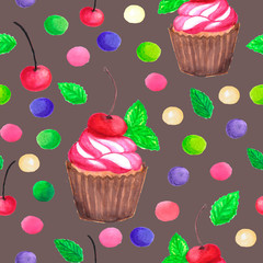 pattern of watercolor colored dots cupcake with cherry