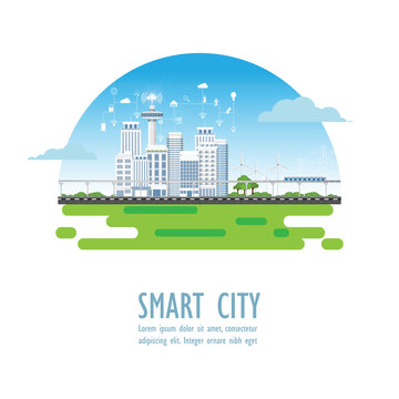 Smart city with different icons and elements isolated on white.