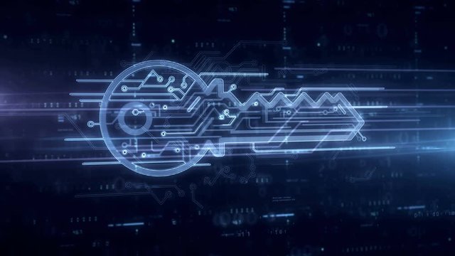 Cyber safety with key symbol hologram 3d animation. Modern concept of computer security, encryption and password protection on blue digital background.