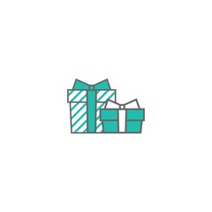 two turquoise and white present box with ribbon and bow. simple icon isolated on white background.