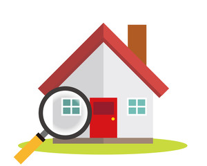 住宅　家　イラスト　一軒家　マイホーム　査定　虫眼鏡