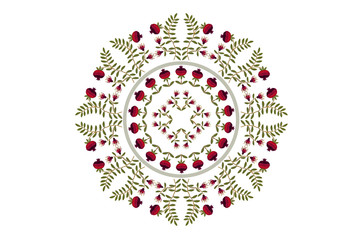 Round pattern for embroidery satin stitch wreath with flowers and fruits of red pomegranates on curved branches with green leaves on  white background