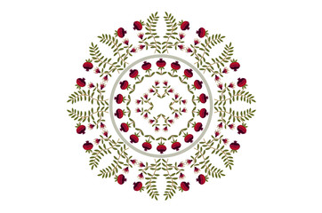 Round pattern for embroidery satin stitch wreath with flowers and fruits of red pomegranates on curved branches with green leaves on  white background