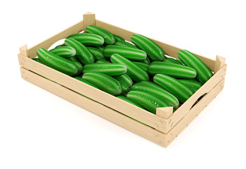 Cucumbers in a wooden box. 3d illustration
