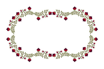 Embroidered curly frame of garland with flowers and fruits of red pomegranates on curved branches with green leaves on white background