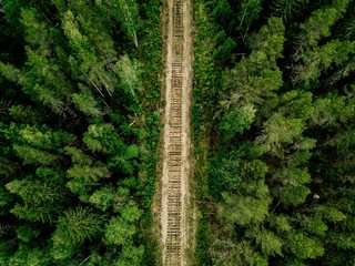 Aerial view of railroad tracks with green forest and trees in rural Finland