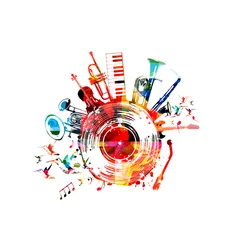 Foto auf Acrylglas Music background with colorful music instruments and vinyl record disc vector illustration. Music festival poster with double bell euphonium, violoncello, trumpet, piano, euphonium, sax and guitar © abstract