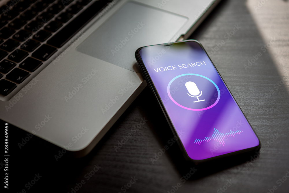 Poster voice search technology, sound recognition, siri speech detect and deep learning concept. applicatio