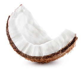Coconut slice. Coconut piece isolated. Coco on white. - obrazy, fototapety, plakaty