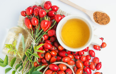 herbal tea with rose hips and viburnum, Medicinal plants and herbs composition 