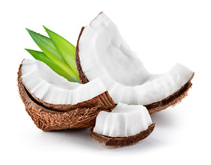 Coconut slice. Coco pieces isolated on white. Coconut with leaves. - obrazy, fototapety, plakaty