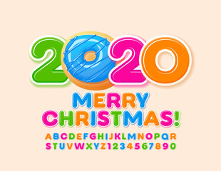 Vector greeting card Merry Christmas 2020 with donut. Colorful Alphabet Letters and Numbers. Bright Uppercase Font