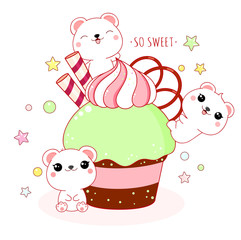 Cute yummy card in kawaii style. Lovely polar bears with mint cupcake. Inscription So sweet. EPS8