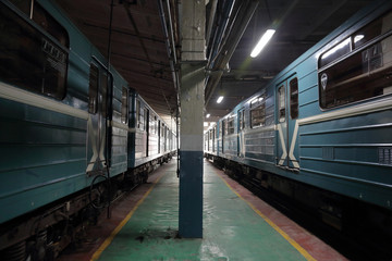 Fototapeta premium Inside the Severnoe electric depot for the maintenance and repair of passenger trains and cars of the city metro. Moscow, Russia