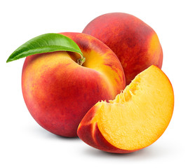 Fototapeta na wymiar Peach isolate. Peach with slice on white background. Full depth of field. With clipping path.