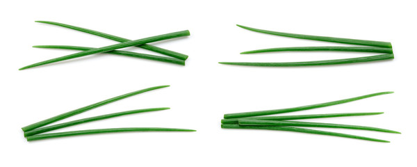Chives isolated. Young green onion. Collection. Flat lay. Top view. - obrazy, fototapety, plakaty
