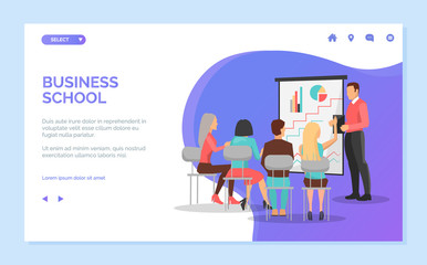 Business school vector, speaker with information for students, women and men sitting listening to male with whiteboard and charts diagrams. Website or webpage template, landing page flat style