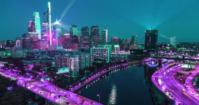Aerial hyperlapse, cinematic City of the Future, sci-fi futuristic urban colorful skyline at night, timelapse of Philadelphia traffic, train, river,skyscrapers, Science Fiction theme