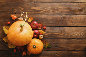 pumpkins on wooden background with copy space for your text