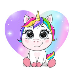 Vector cartoon unicorn over rainbow background in the heart shape.