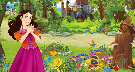 cartoon scene with young girl princess in the forest near some castles in the forest - illustration for children