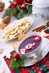 Barszcz (beetroot soup) with small pierogi