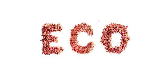 Food typography word Eco made of dried rose petals. Clean and healthy eating concept. Isolated on white background