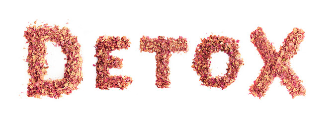 Food typography word Detox made of dried rose petals. Clean and healthy eating concept. Isolated on white background