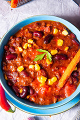chili con carne with sweet potato and spicy nachos