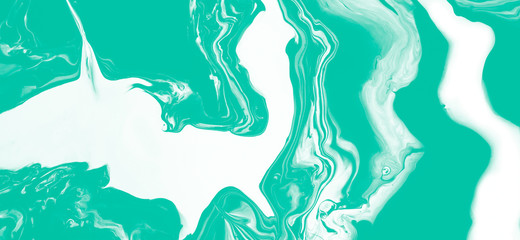 Fluid Art. Abstract marble background or texture. White winding waves on mint background