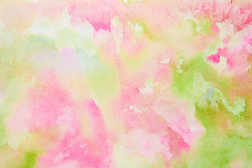 Fototapeta na wymiar Abstract pink-green watercolor background, bright, contrast splashes, drops, smudges. Artistic background with paper texture.