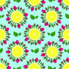 vector illustration. lemon and roses on light blue background. seamless repeat pattern. best for summer prints.