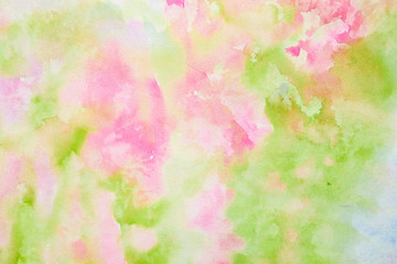 Fototapeta na wymiar Abstract pink-green watercolor background, bright, contrast splashes, drops, smudges. Artistic background with paper texture.