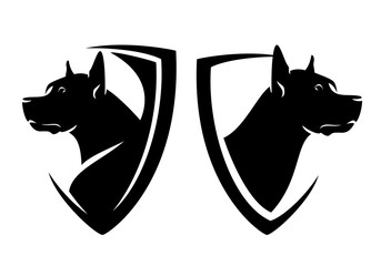 great dane head and heraldic shield - guard dog insignia badge black and white vector design set