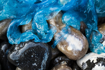 Blue medusa offshore on glowy stone. Blue tentacule, glowy and lubricant. 