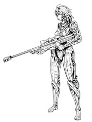 Cyborg girl with a rifle in her hands, stands straight, drawn in the style of anime . 2D Illustration.