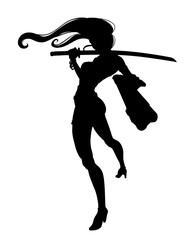 The silhouette of a girl with a katana and a gun in her hands stands in a dynamic pose, pointing her gun at the viewer. 2D illustration.