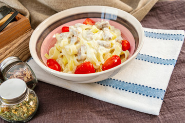 tasty Carbonara pasta on the table