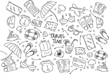 Set of hand drawn travel doodle. Vector illustration. Tourism and summer sketch with travelling elements: compass, bikini, sunglasses, camera, cocktail, ticket.