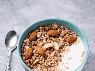 Muesli with banana, chocolate, almonds and yogurt