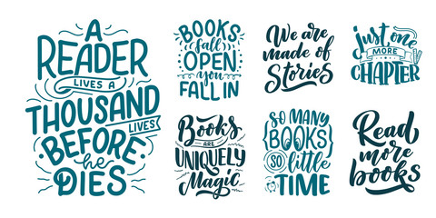 Set with abstract lettering about books and reading for poster design. Handwritten letters. Typography funny quotes. Vector